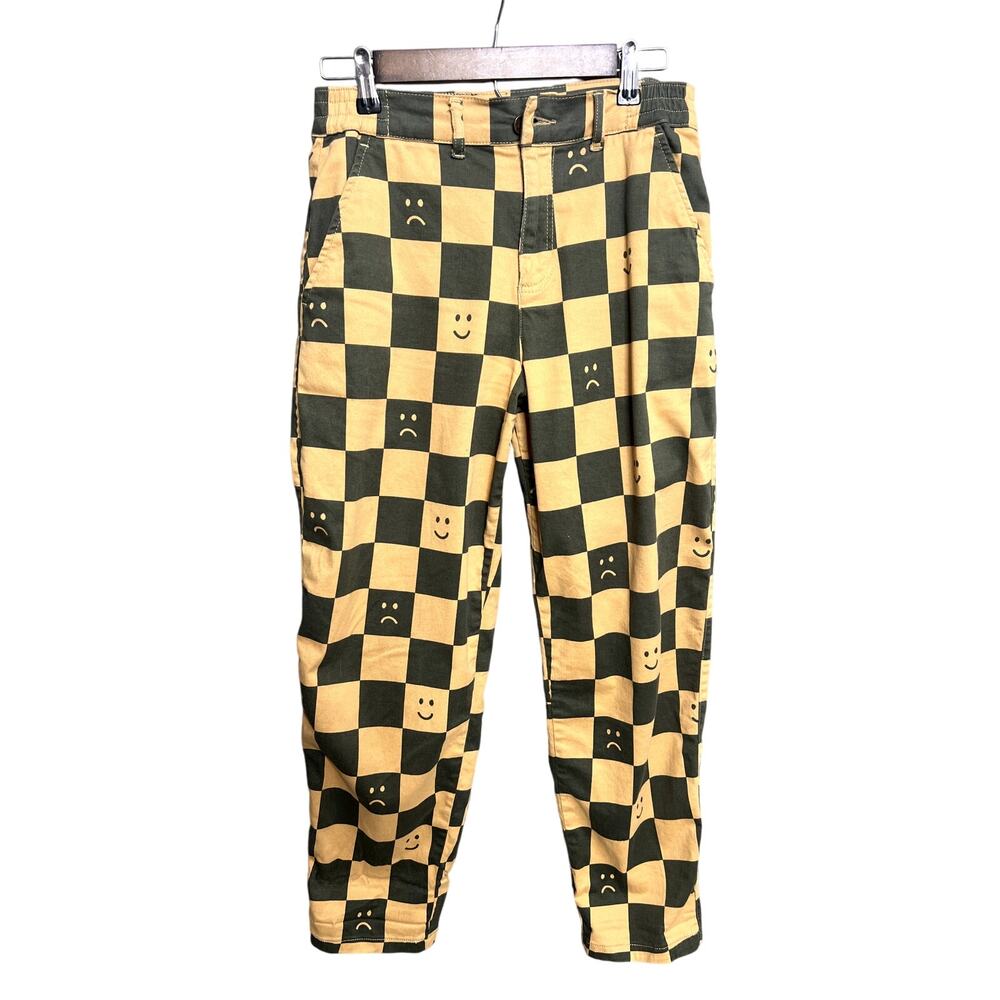 Lazy Oaf Pants Womens Size 4 Smiley Happy & Sad Face Mustard Checkerboard Turkey